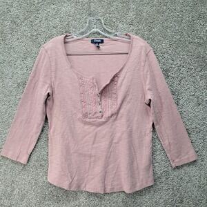 Chaps Womens Pink Cotton Slub Lace Trim Henley 3/4 Sleeve Top Large